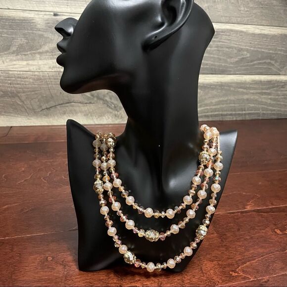Crystal Cream Light Brown & Clear Mid Century Modern Style Multi Strand Necklace - Picture 1 of 9